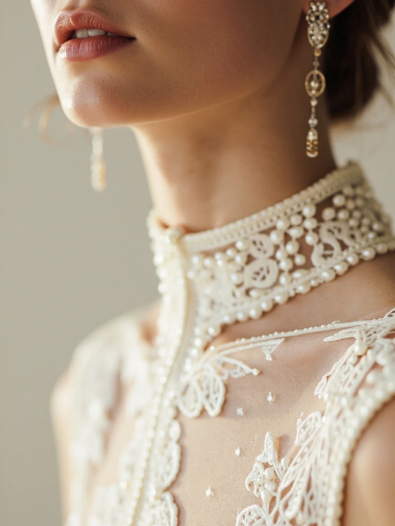 Detalle de bordado manual sobre seda ivory en un vestido Heritage